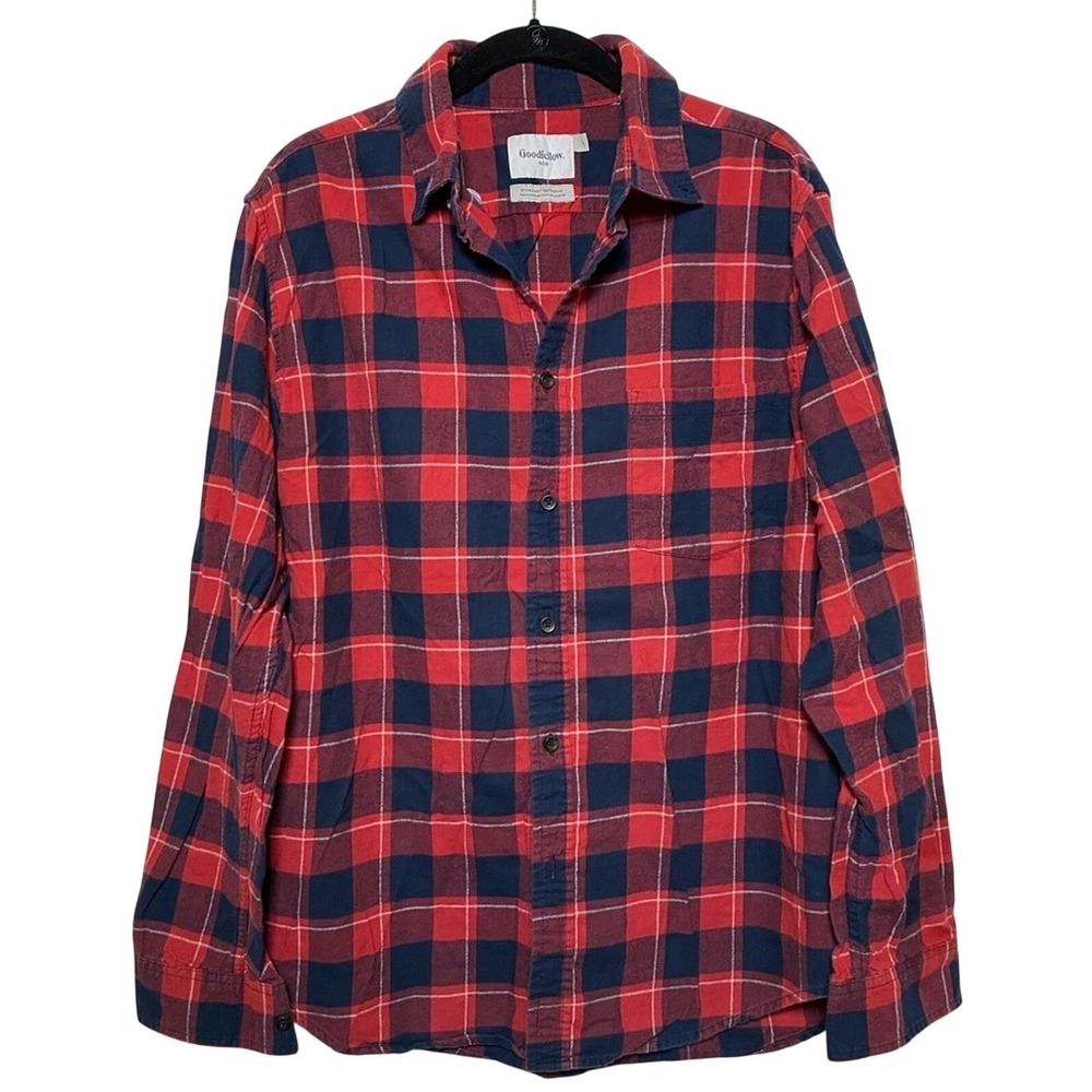 Goodfellow&Co Men's Standard Flannel Button Down Shirt Size Large Red Blue Plaid